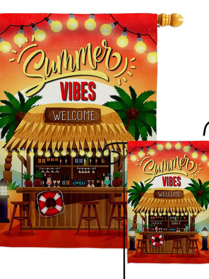 Flag Welcome Vibes Beach Fun Sun Happy Hour Garden House for wholesale by Two Group Flag Co