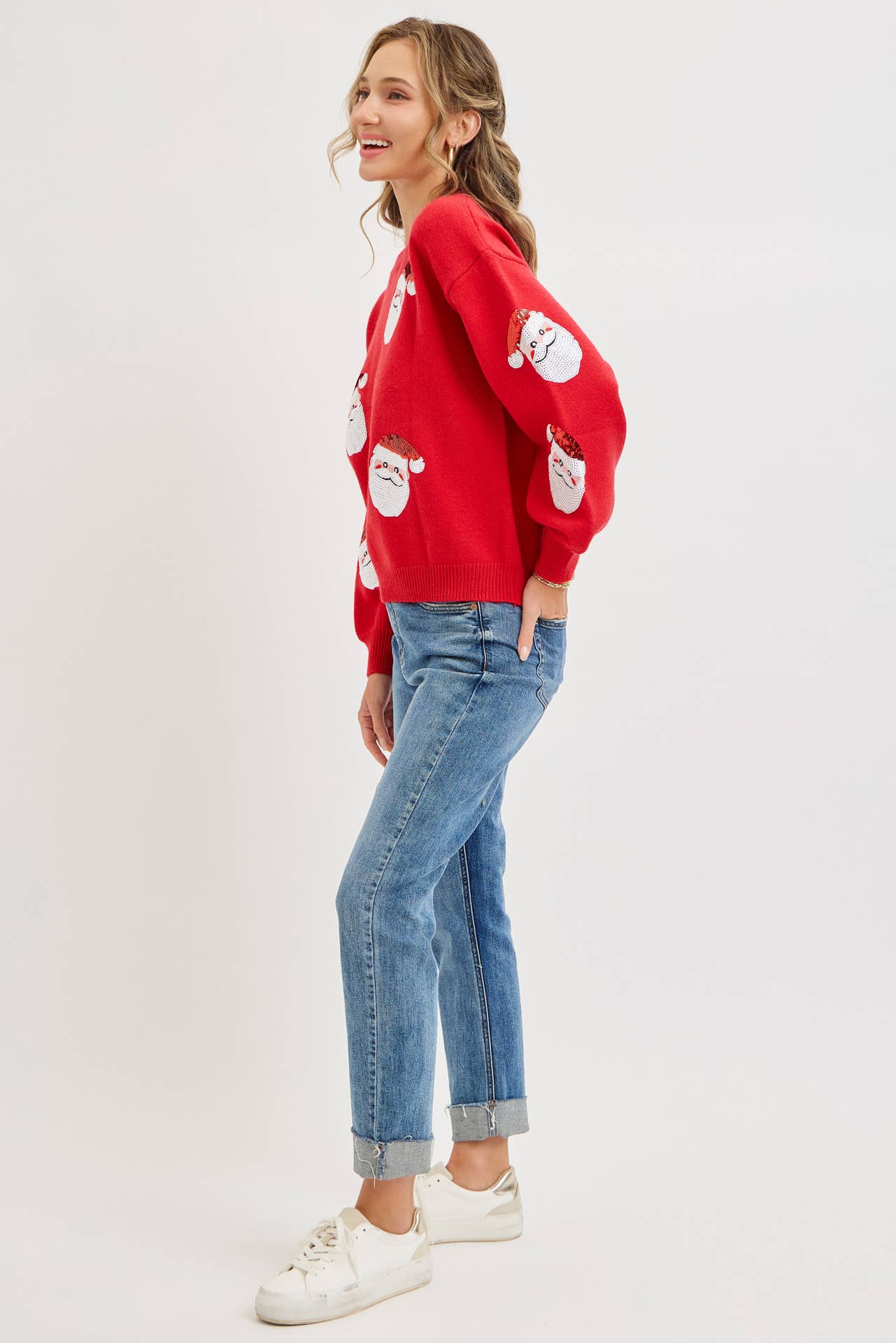 Red FESTIVE CHRISTMAS HOLIDAY SANTA SEQUIN SWEATER for wholesale on Faire10