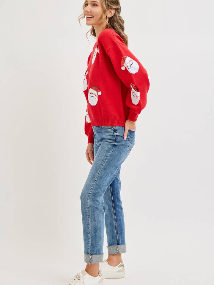 Red FESTIVE CHRISTMAS HOLIDAY SANTA SEQUIN SWEATER for wholesale on Faire10