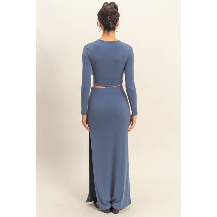 Double Zero - Wholesale Top & Skirt Set - Women's - Long Sleeve Crop Top And High Slit Maxi Skirt Set13