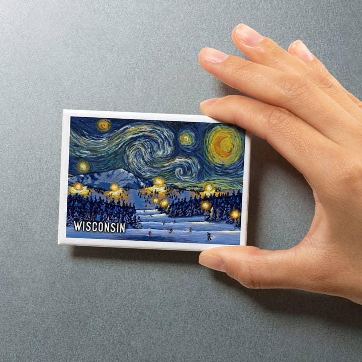 Lantern Press - Wholesale Magnet - MAGNET Wisconsin, Starry Night, Ski5