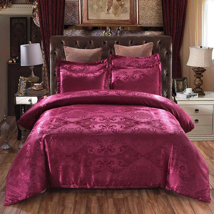 Burgunderrote Luxus-Bettwäsche aus seidigem Jacquard-Stoff, Damast-Bettbezug-Set, Designer-Bettwäsche, ästhetische Bettdecke King Queen Full Twin für den Großhandel von daintyduvet
