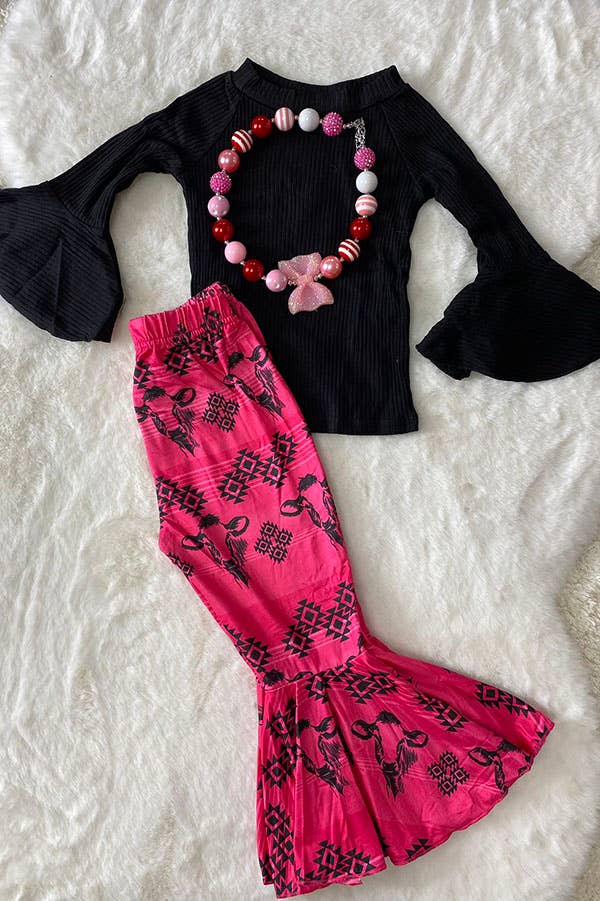 luluclothes - Wholesale Top & Pant Set - Kids - DLH2557 Solid black top bull & aztec printed pant girls set1