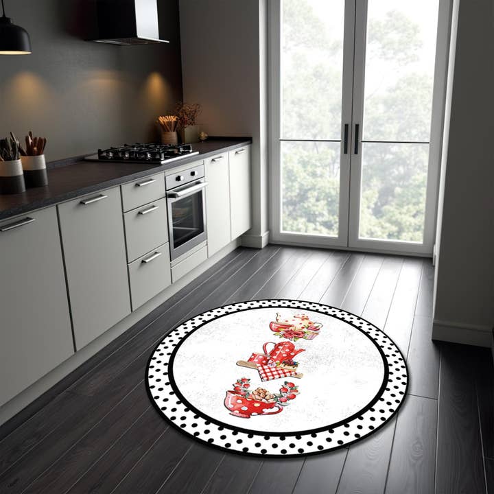 Round Kitchen Rug: Retro Tea Party Design, Distressed Style for wholesale by Rugendary Trade LLC
