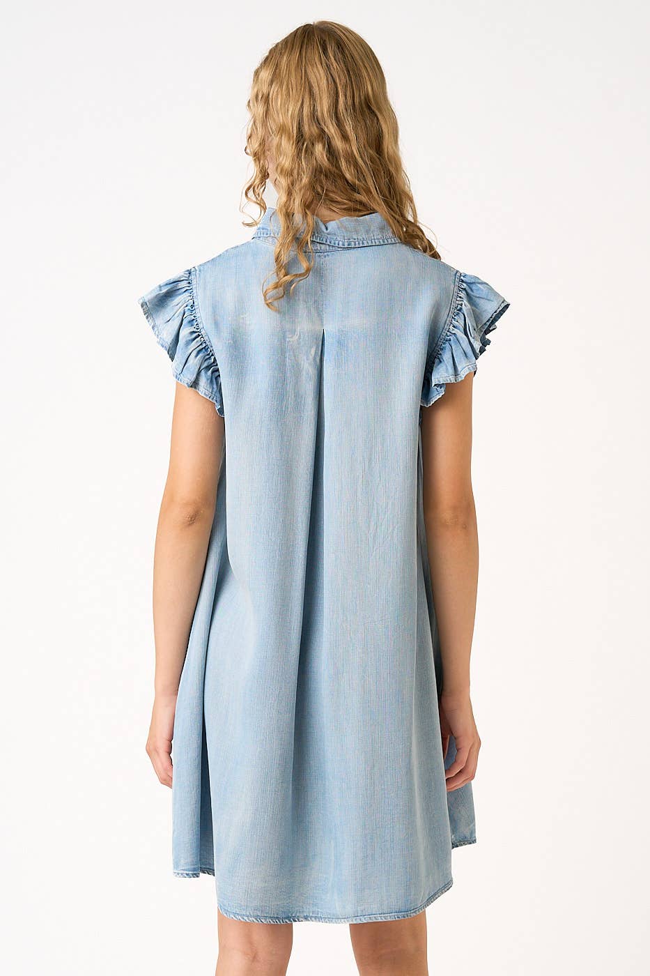 mittoshop - Wholesale Dress - Women's - WASHED CHAMBRAY RUFFLE SLEEVE BUTTONED MINI DRESS3