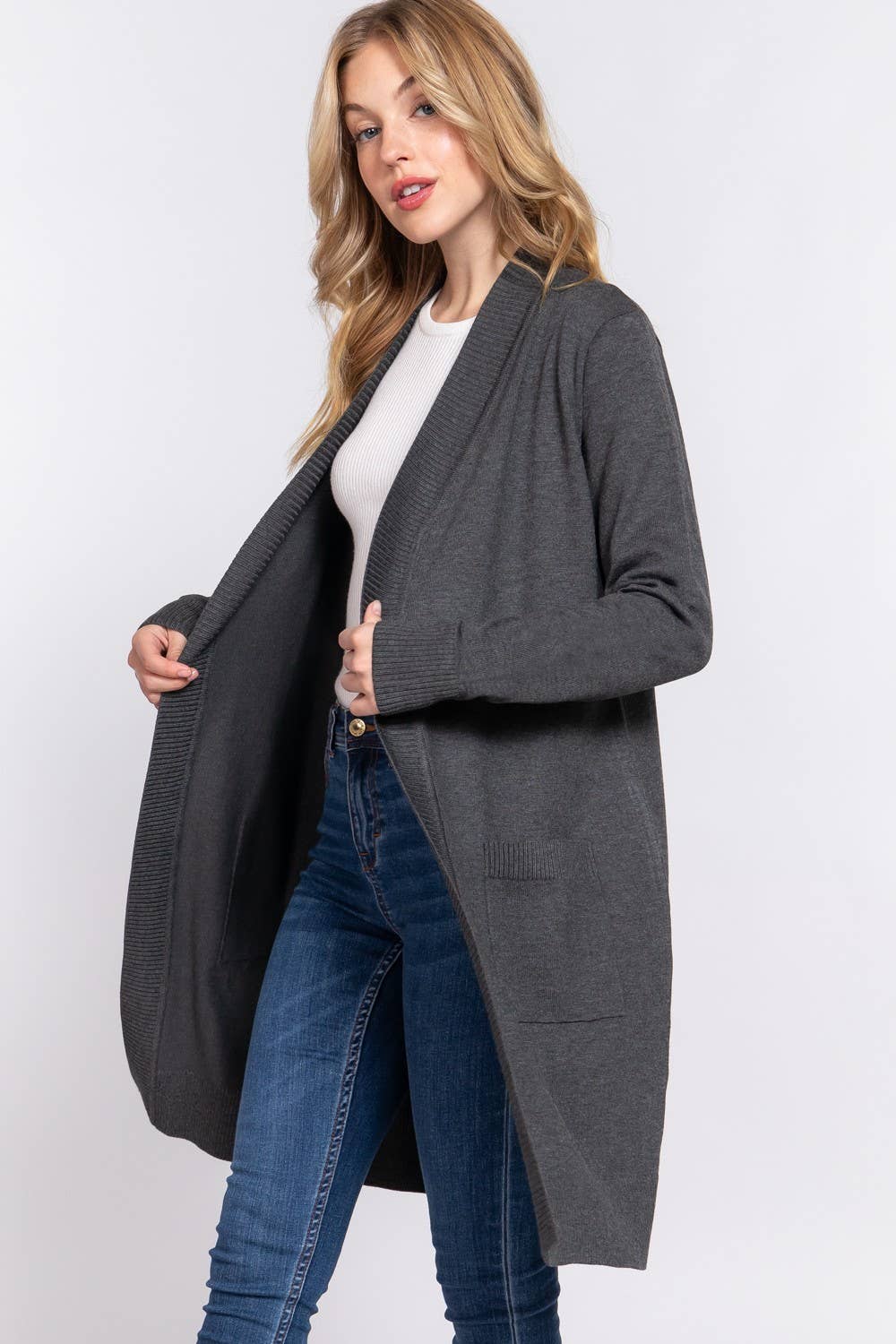Active Basic | Active USA - Vendita all'ingrosso Cardigan - Donna - Cardigan tunica aperto a costine con maniche lunghe e banda17