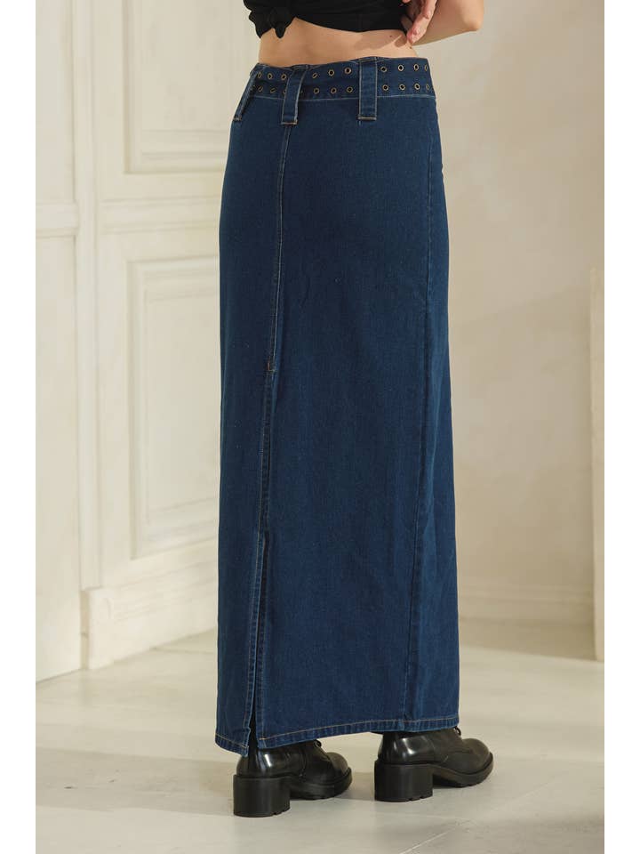Denim MB1400- Jupe taille basse en jean à boucle sur le devant en vente sur Faire