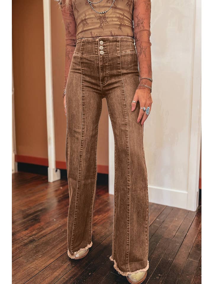 66DISCO - Wholesale Jeans - Women's - 66Western High Waist Button Fly Seamed Raw Hem Flare Jeans