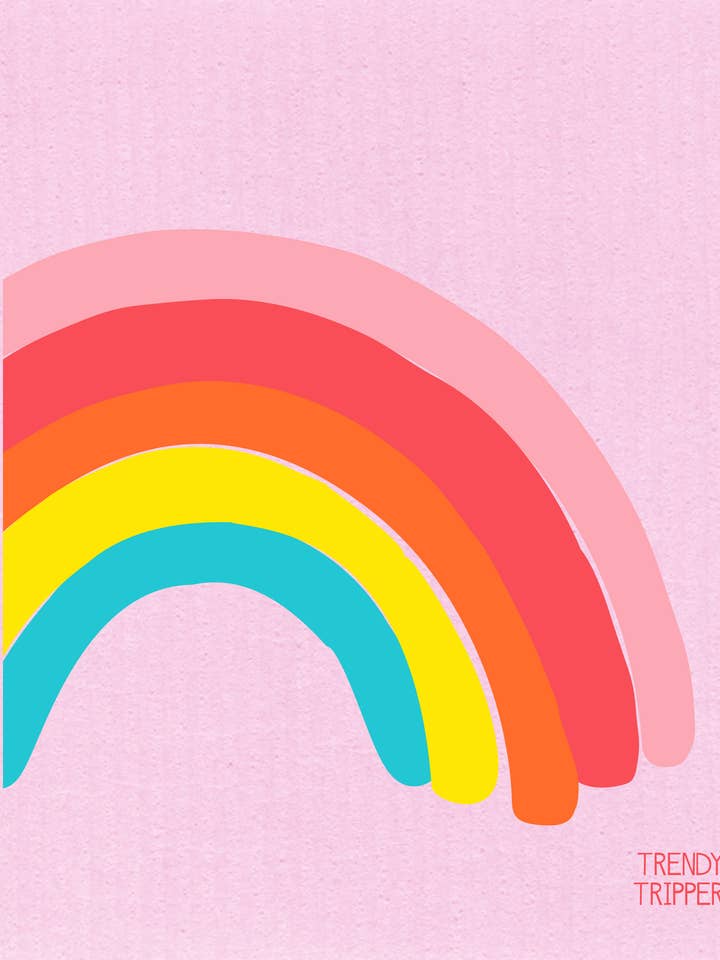 Regenboogkleuren op pastelroze Zweedse vaatdoek voor wholesale door Trendy Tripper
