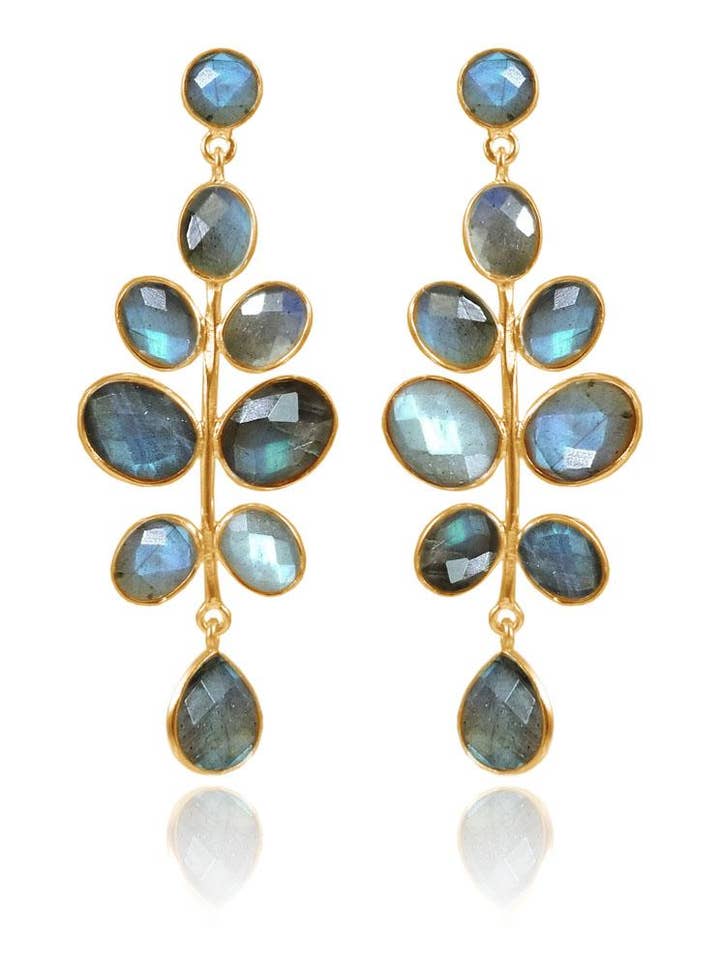 Gold Plated Budding Branch Earrings Labradorite for wholesale by Sikara & Co.