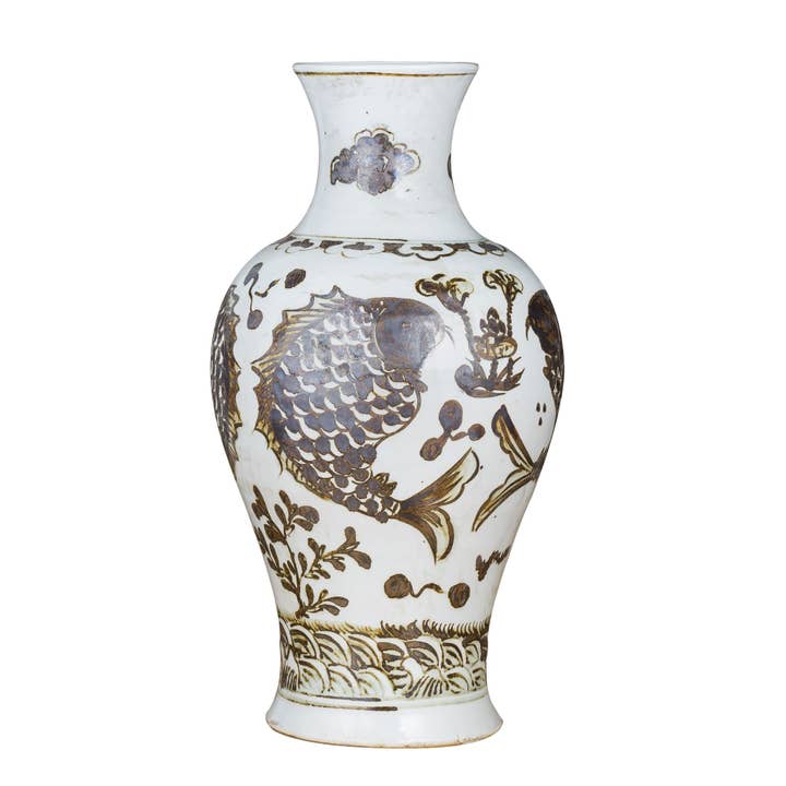 Legend Accents - Wholesale Vase - Rusty Brown Vase Fish Lotus Motif1