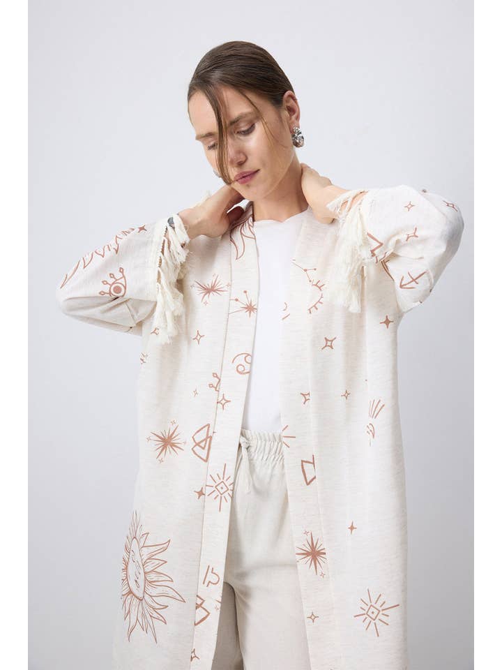 Beige BOHEMIAN ZODIAC PRINT KIMONO TASSEL KIMONO for wholesale on Faire