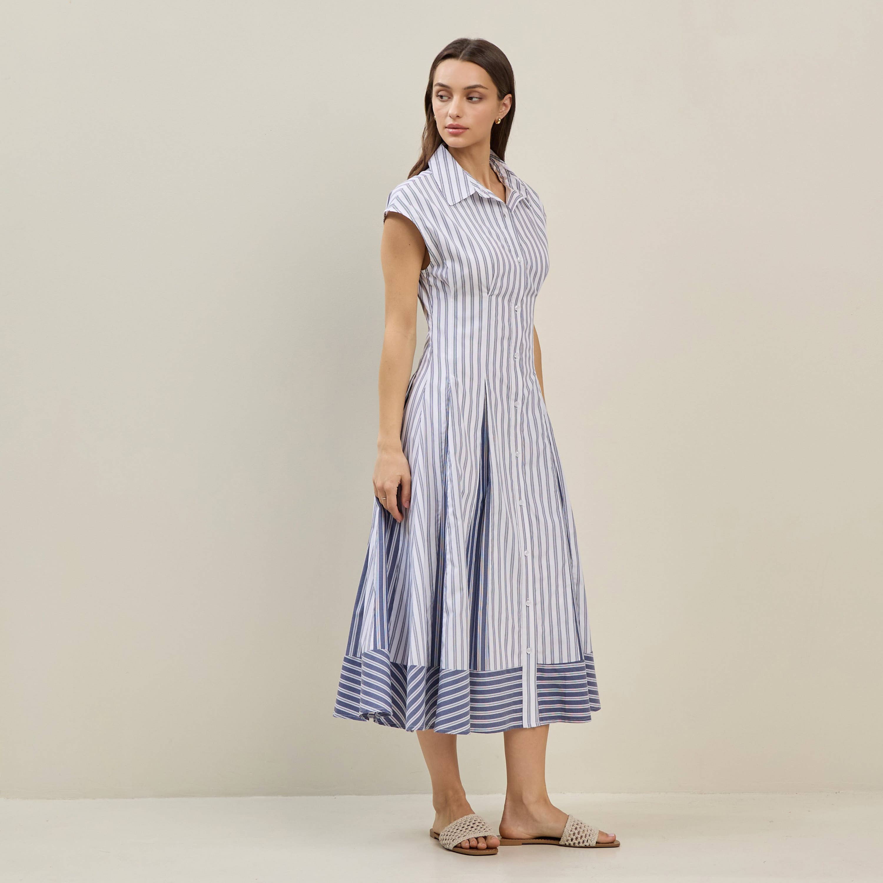 IVORY BLUE Pinstriped colorblock shirtdress for wholesale on Faire4