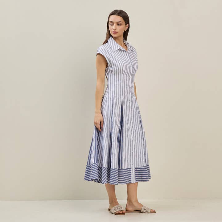 IVORY BLUE Pinstriped colorblock shirtdress for wholesale on Faire4
