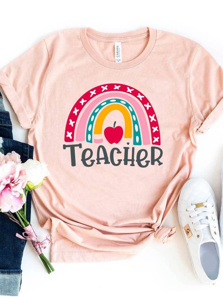 Printliss - Venta al por mayor Camiseta serigrafiada - Mujer - Camiseta Teacher Rainbow - Bella Canvas