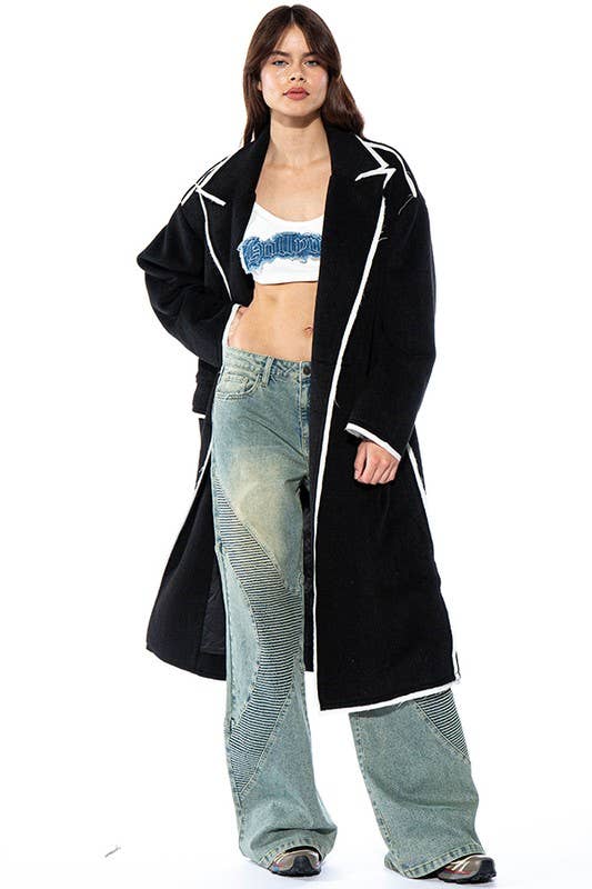 Black Oversized Contrast Stiched Wool-Like Coat for wholesale on Faire3