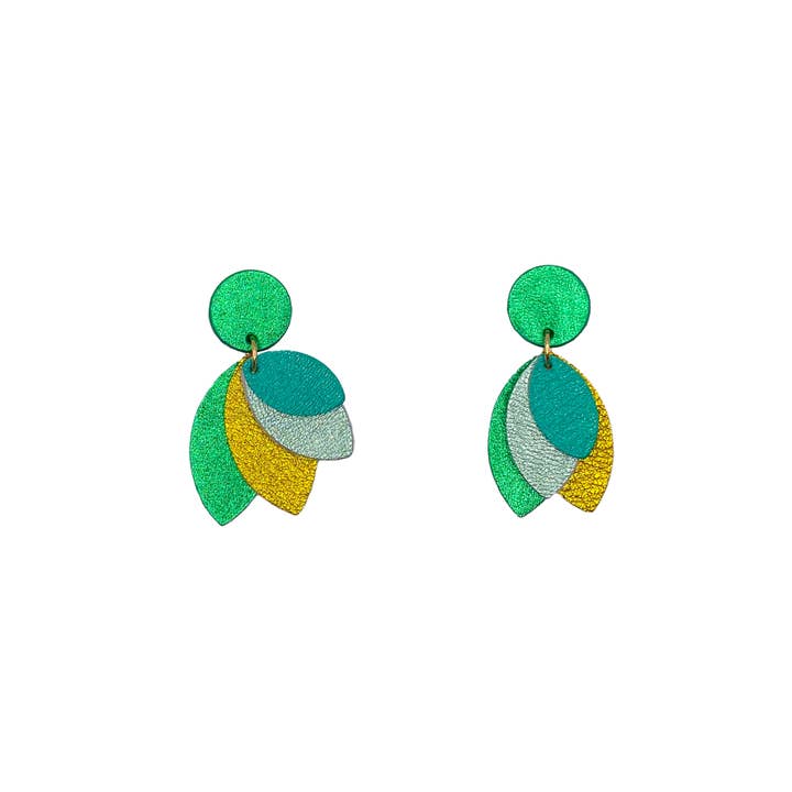 Green and yellow leather Petal earrings for wholesale by Manali