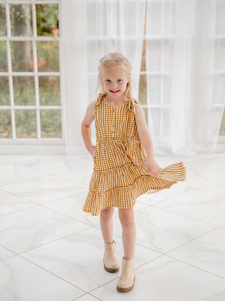 Emma Grace Shoppe - Wholesale Dress - Kids - EG Organic Tiered Tie- Dress - Golden Gingham