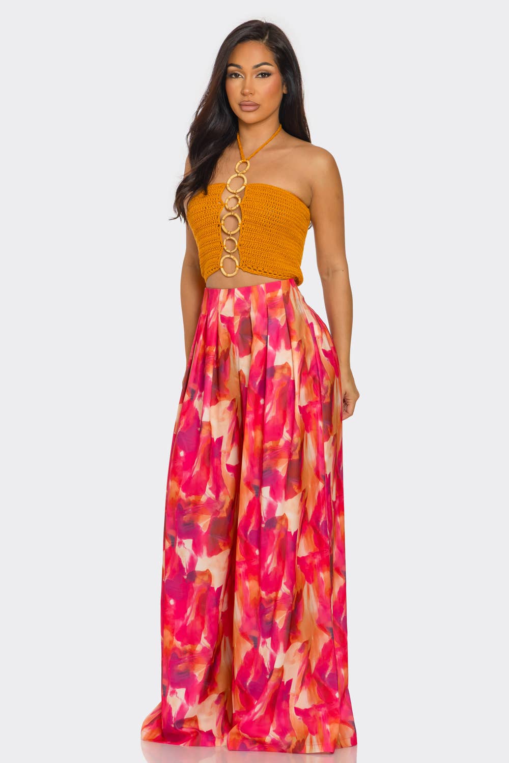 ORANGE MULTI HCCTPW633502Pc  Halterneck Top Printede Bukser med Vide Ben for engroshandel på Faire4