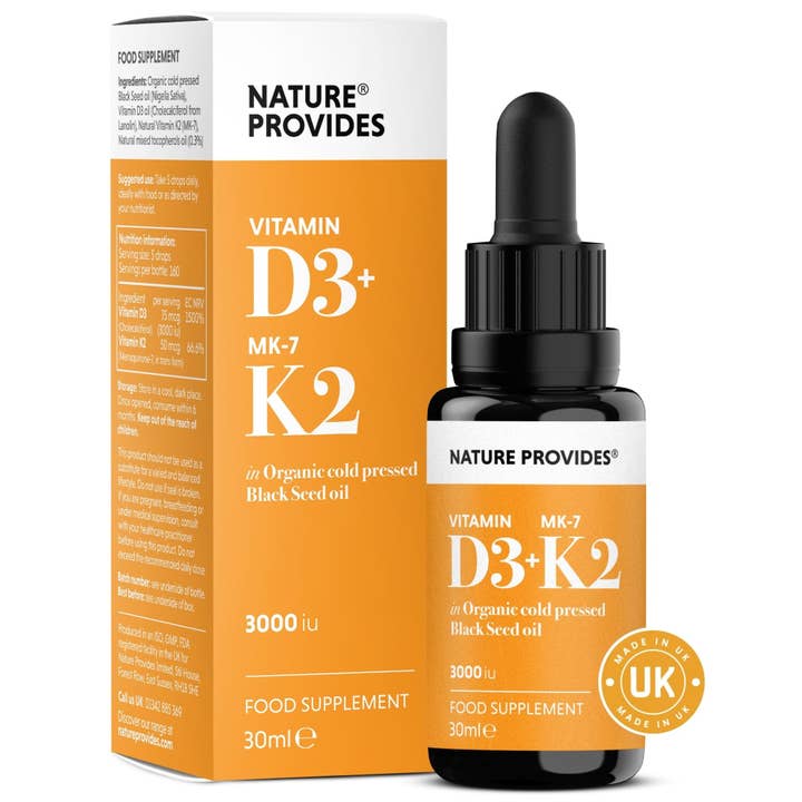 D3+K2 (3000IU) Liquid Vitamin D3 & K2 (MK7) in Organic BlackSeed Oil-30ml for wholesale by Nature Provides