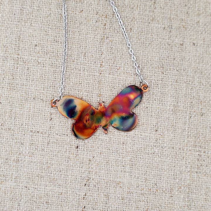 Flame Paint Butterfly Copper & Stainless Necklace for wholesale by Covaly Artisan Jewelry