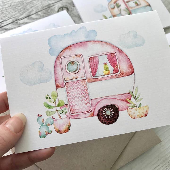Scattered Seed Co - Wholesale Stationery/notecard set - VINTAGE CARAVANS cards set of 4 - Glamping3