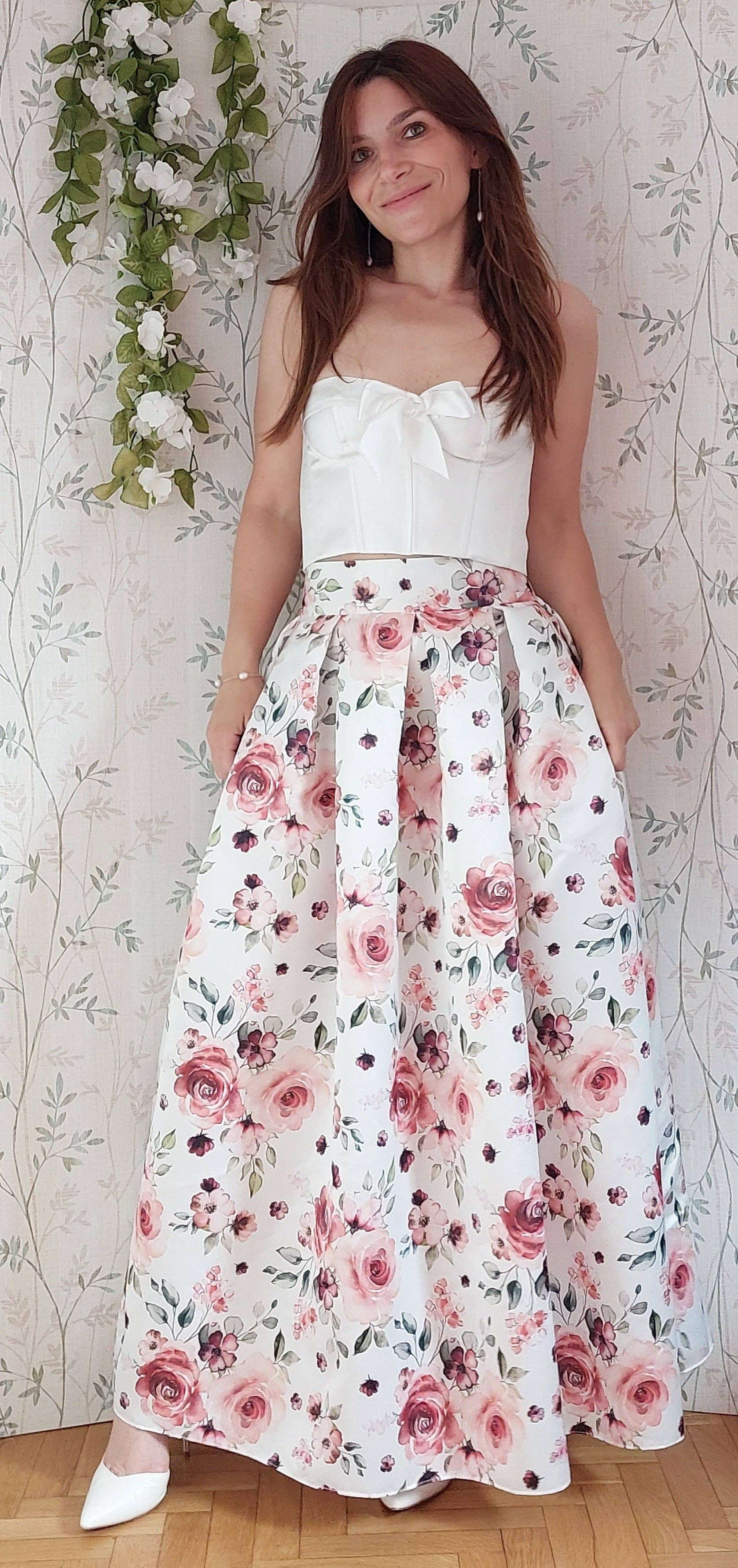 EgoChic Milano – Engroshandel Nederdel - Dame – Sabrina plisseret nederdel i 1950'ernes stil, „Rose fantasy“ (var. hvid base)3