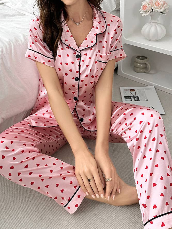 Sweet Heart Imitation Silk Short Sleeves Pajama Set ZK2577 for wholesale by UNISHE