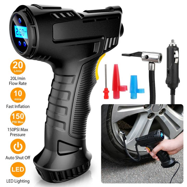 Black Portable Car Tire Inflator DC 12V Digital Car Air Pump Compressor Electric Air Pump with LED Light 150PSI for wholesale on Faire1