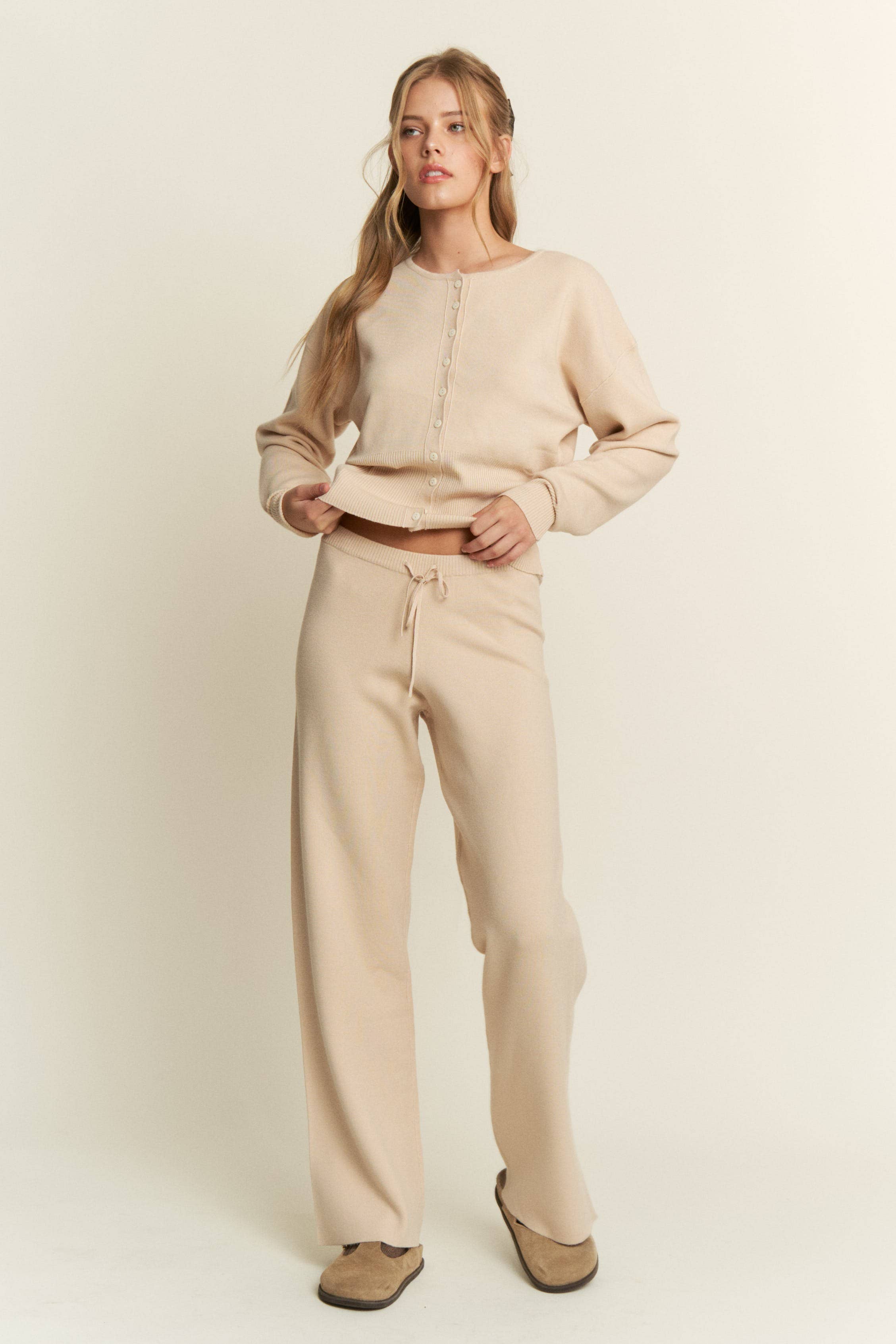 Beige Classic Button Down Knit Cardigan (Matching Set) for wholesale on Faire7