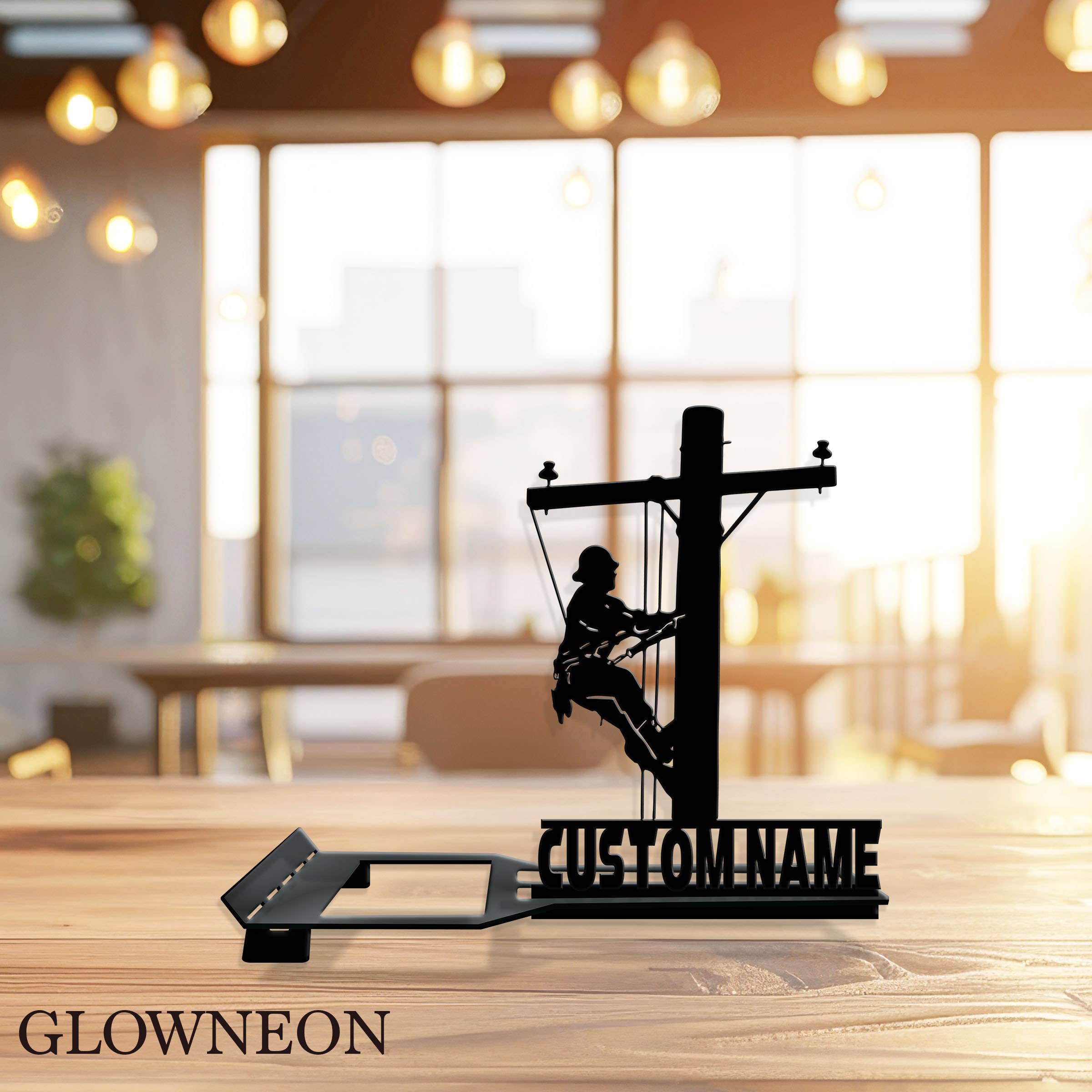 Glow Neon – Großhandel Telefon-/Tablet-Ständer – Individuelle Handyhalterung Lineman Metallschild, Lineman Handyhalter1