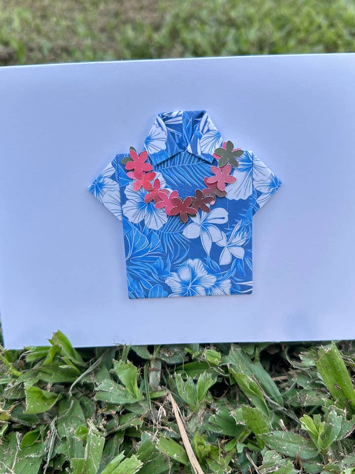 Hawaiian Aloha Shirt Origami Card - Blue Tropical Floral for wholesale by Handmade Aloha Kauai