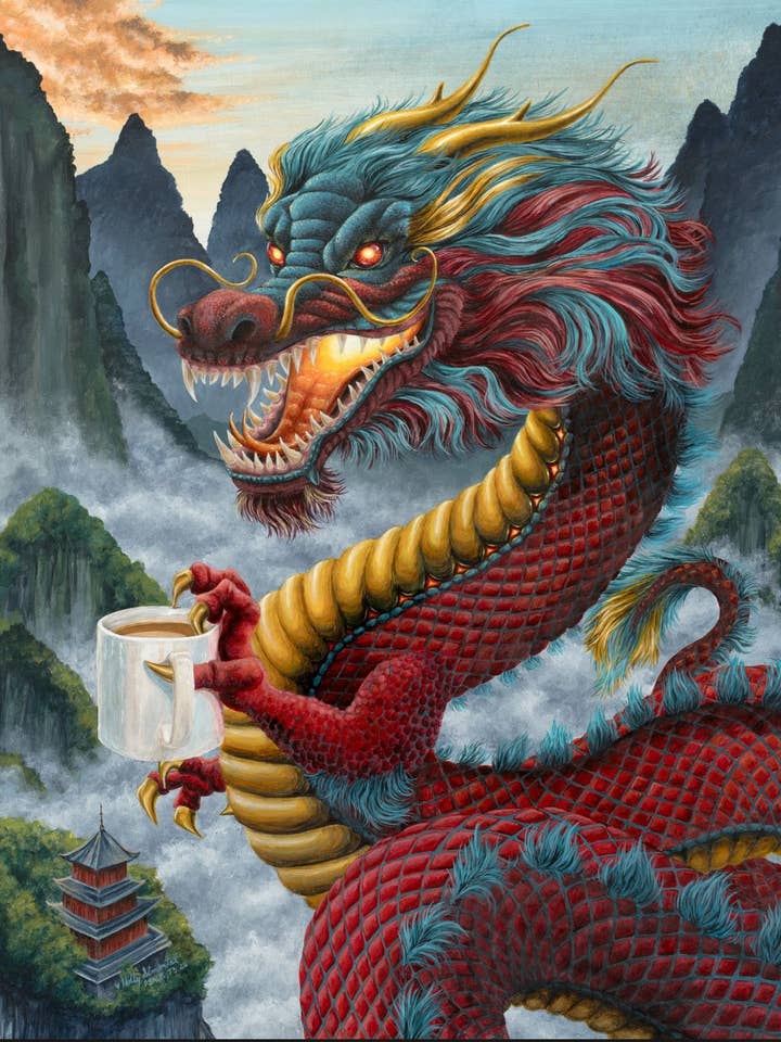 Impression d'art d'archives signée Zhulong Coffee Dragon pour la vente par Holly Simental