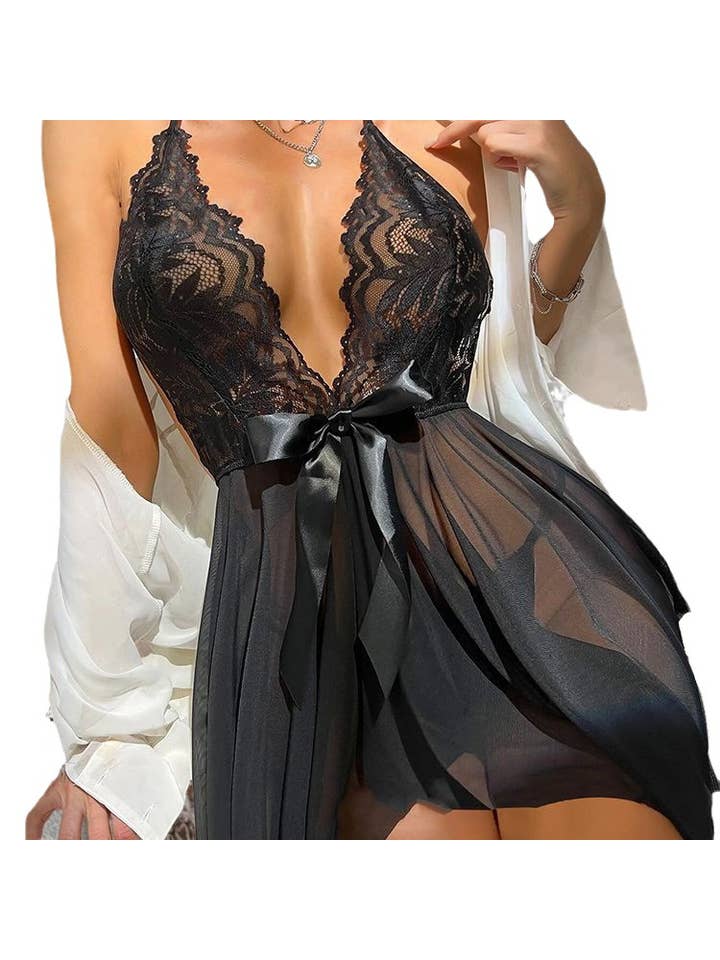 We-vibe - Wholesale Lingerie Set - Women's - Bow Style Hanging Neck Mesh Sheer Nightgown Sexy Set