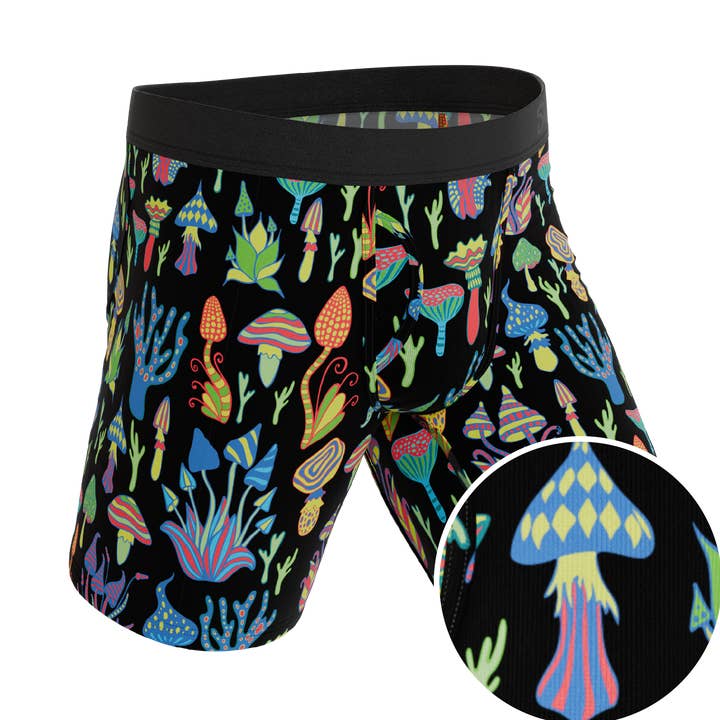 Le Super Shroom | Sous-vêtements à pochette Ball Hammock® à longues jambes avec braguette et champignons néon pour la vente par Shinesty, Inc