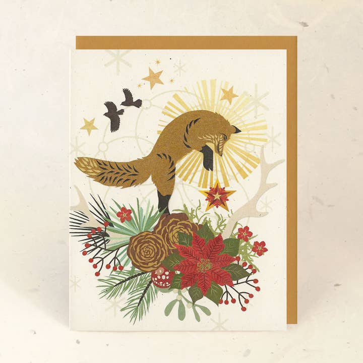 Leaping Fox Holiday Paper Card for wholesale by Little Gold Fox Designs