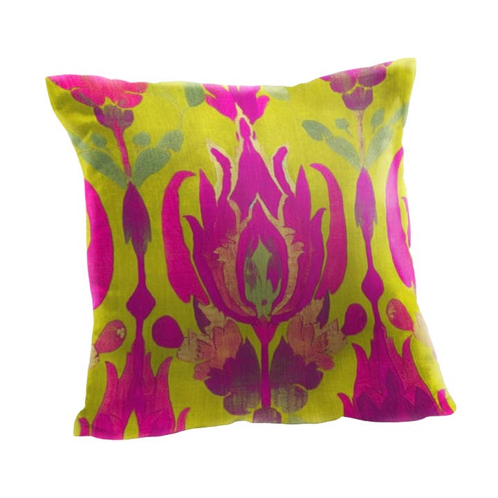 Magenta and Lime Green Floral Ikat Print Pillow for wholesale by SmithHönig