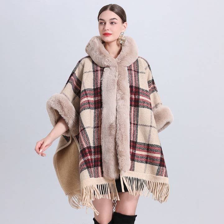 Loose Plaid Thickened Hair Collar Shawl Poncho for wholesale by FurDecoration