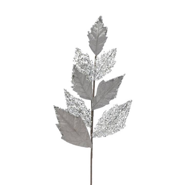 Lujosa decoración navideña de hojas de terciopelo plateado con purpurina (76 cm) para venta al por mayor de Qube Luxe by Debbie Marks