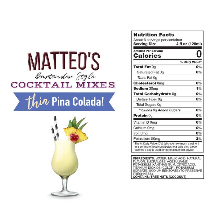 Matteo's - Wholesale Cocktail Mix/Syrup - Matteo's Sugar Free Cocktail Mixes - Pina Colada - Delicious Cocktail Mixers, 0 Calories, 0 Sugar Cocktails, Keto Friendly Drinks