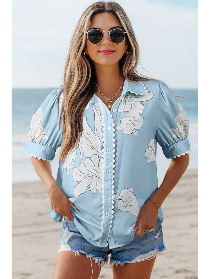 Aapparella - Wholesale Button Down Shirt - Women's - Floral Ric Rac Edge Puff Sleeve Button Up Top | S-XL