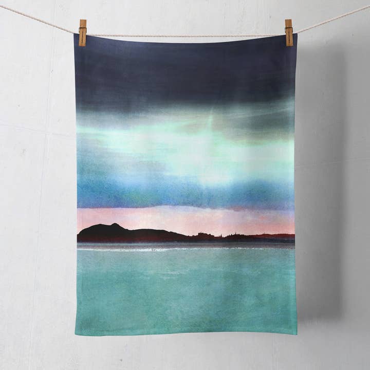 Edinburgh Skyline from East Lothian Cotton Tea Towel for wholesale by Cath Waters Scottish Landscapes