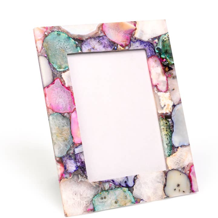 Cadre photo en agate mixte Tranches d'agate multicolores 5x7" pour la vente par Serein Wellness