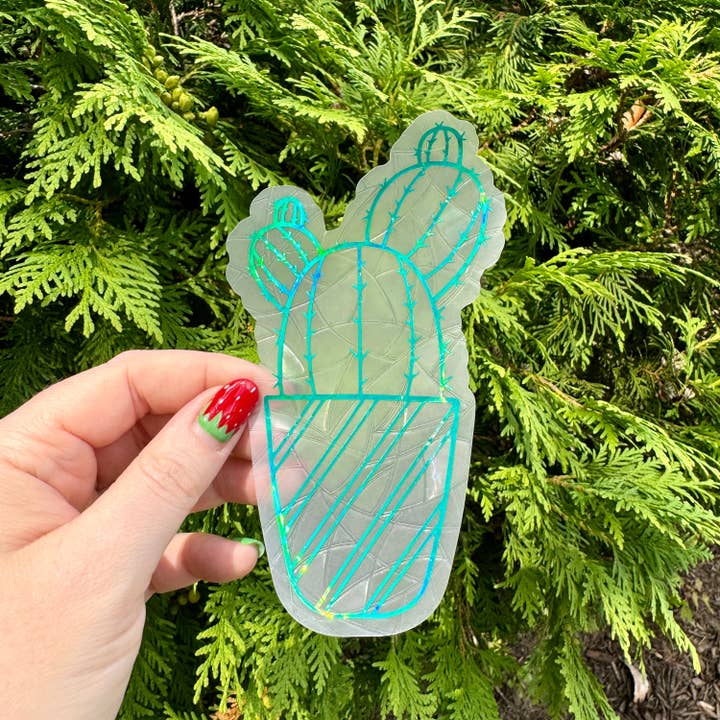 Autocollant adhésif de fenêtre attrape-soleil cactus holographique pour la vente par Hawburns Studio