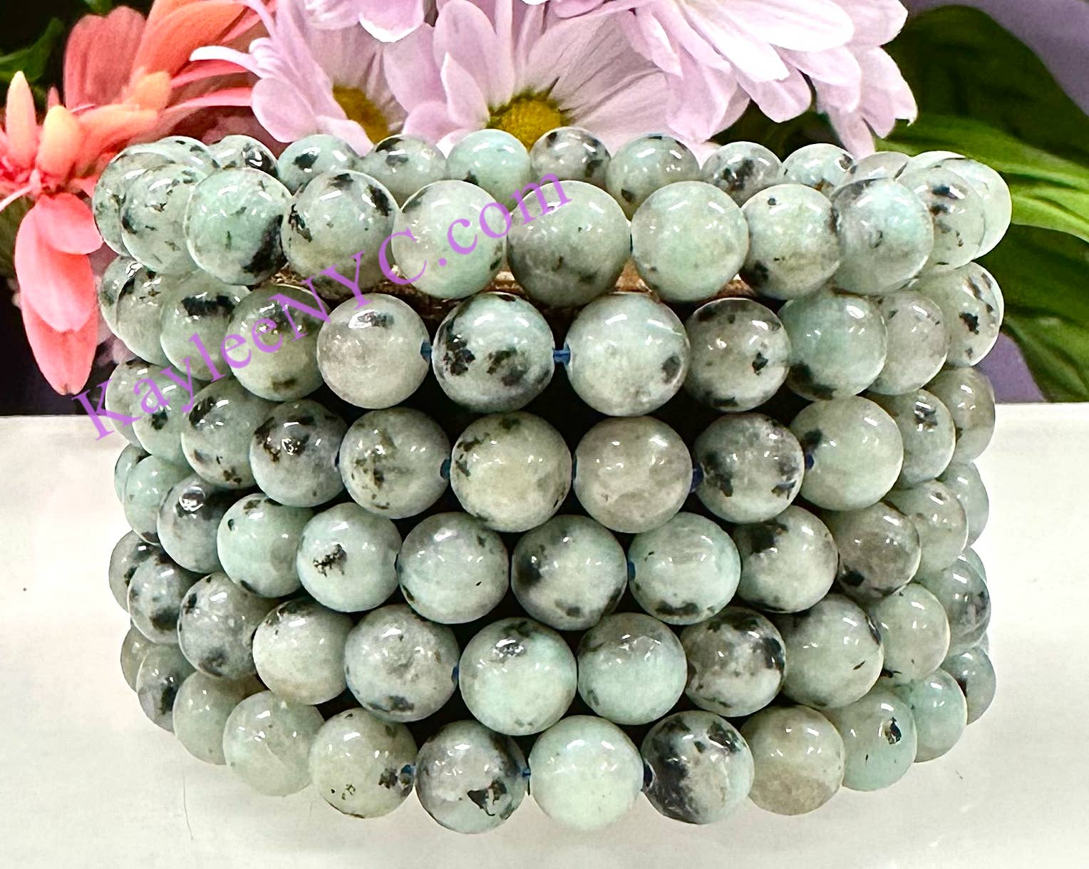 KayleeNYC - Wholesale Beaded Bracelet - Natural Kiwi Jasper 8mm 7.5” Crystal Stretch Bracelet
