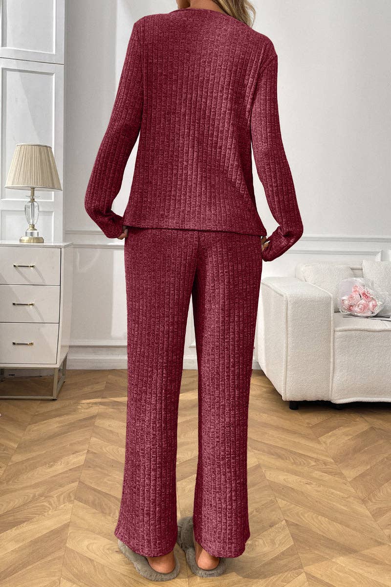 Lovesoft - Wholesale Lounge Set - Women's - Ribbed Knit Lounge Set with V Neck and Wide Pants12