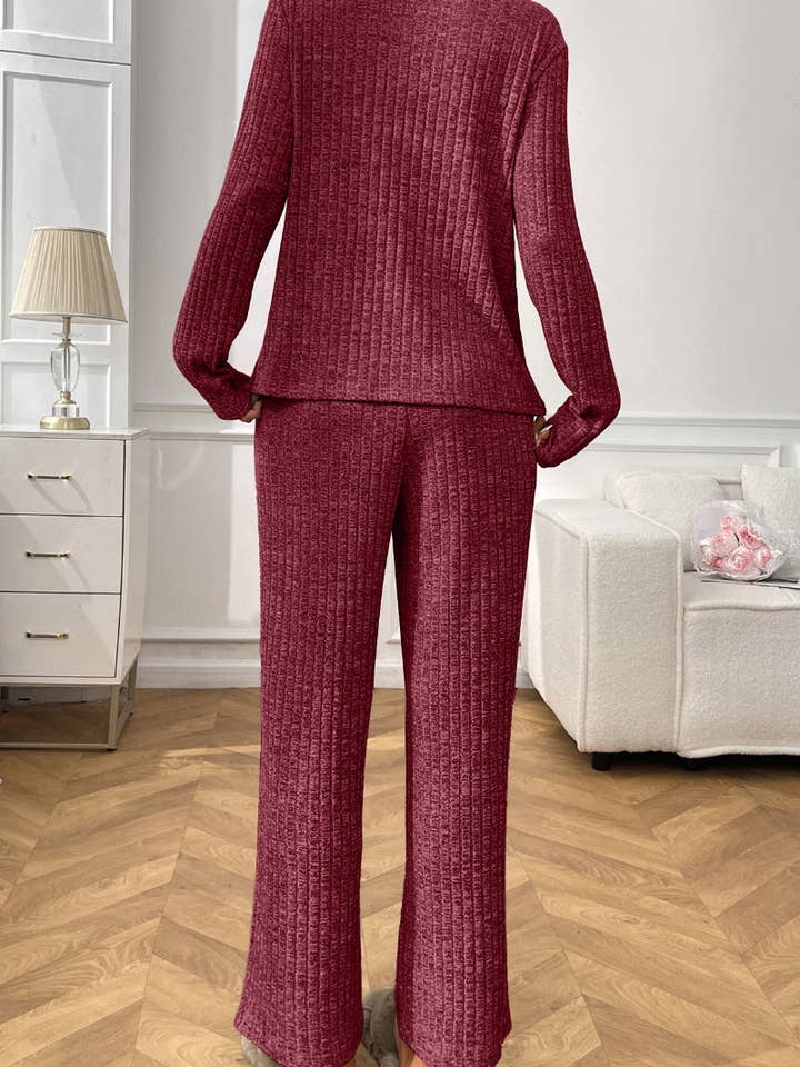 Lovesoft - Wholesale Lounge Set - Women's - Ribbed Knit Lounge Set with V Neck and Wide Pants12