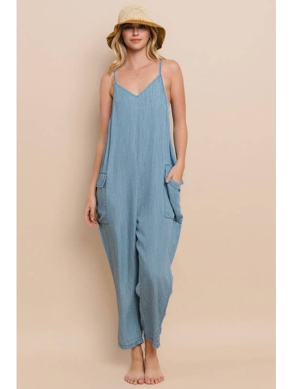 Acid Washed Chambray Oversized Jumpsuits for wholesale on Faire