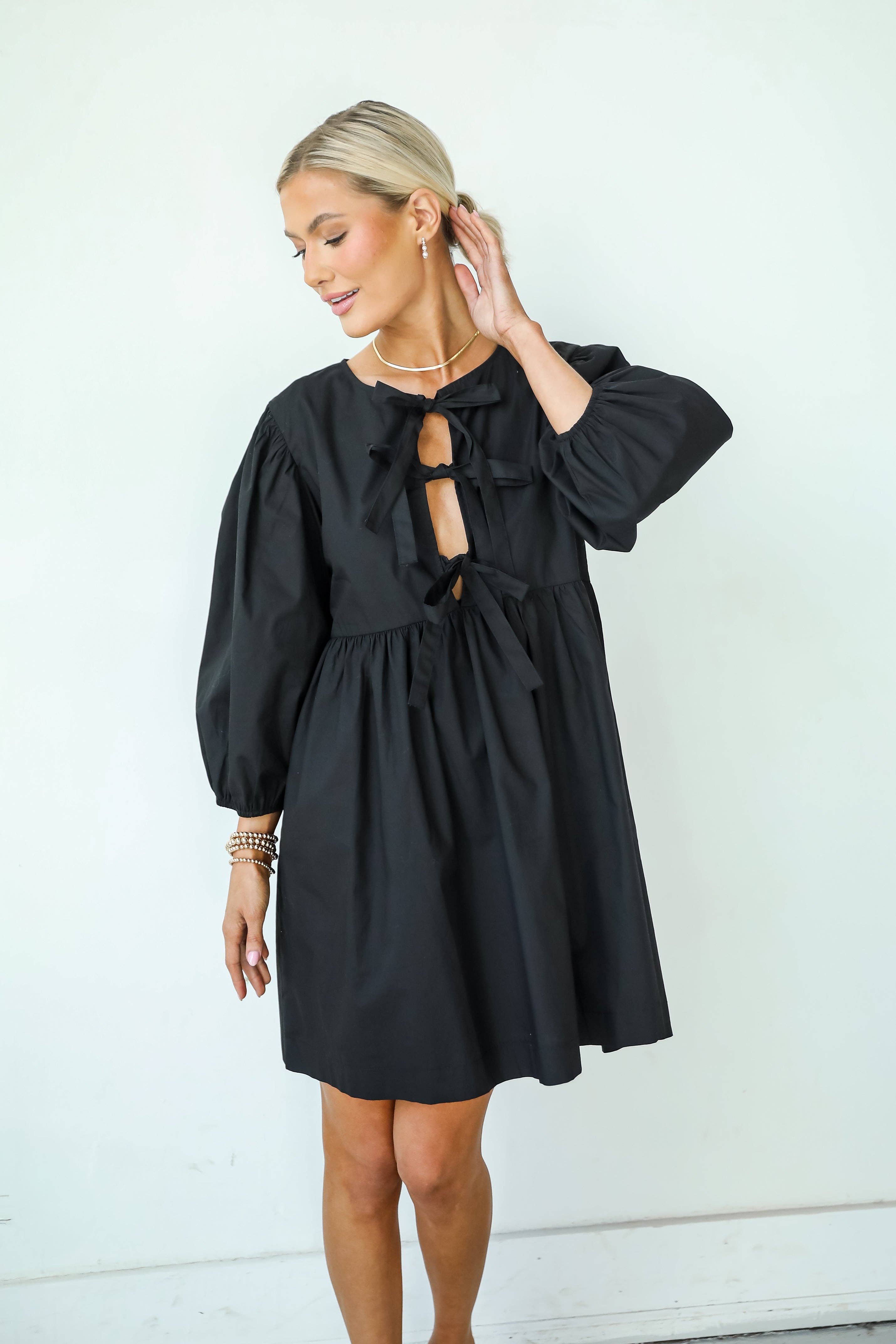 Cute Definition Black Bow Babydoll Mini Dress for wholesale on Faire2