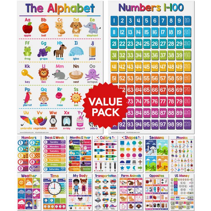 Fine Cardstock - Vendita all'ingrosso Poster - Bambini e neonati - Pacchetto Learning Chart, 16 poster didattici per bambini, di grandi dimensioni